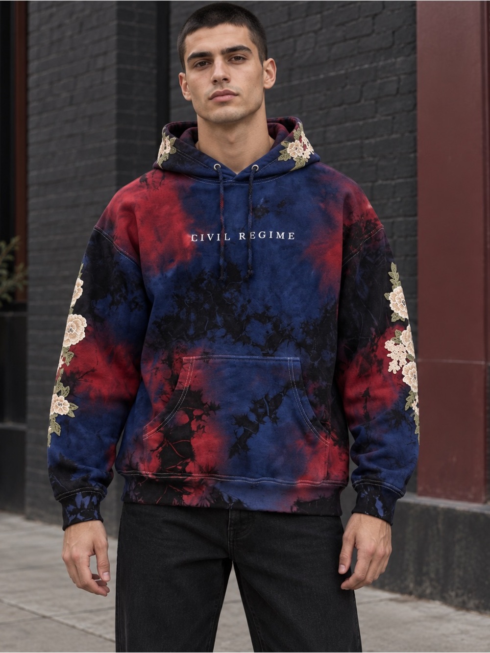 CIVIL REGIME Navy Red Black Tie Dye Floral Embroidered Hoodie Size L